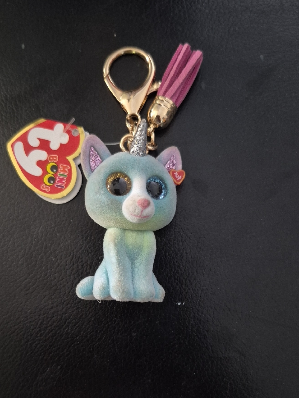 Ty Flocked Cat Keychain in Pastel Blue with Pink Tassel